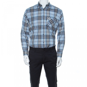 Burberry Blue Novacheck Cotton Blend Long Sleeve Button Front Shirt XL