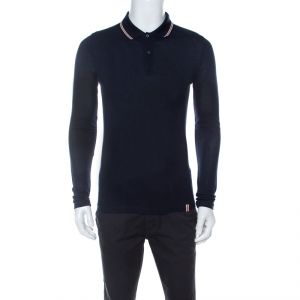 Burberry London Navy Blue Pique Knit Cotton Long Sleeve Polo T-Shirt S