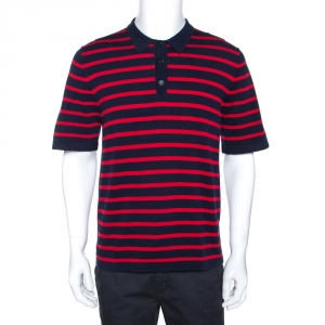 Burberry Navy Blue & Red Striped Cotton Polo T-Shirt XL