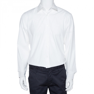 Burberry White Stretch Cotton Check Cuff Detail Long Sleeve Shirt L