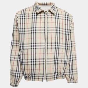 Burberry Beige Logo Embroidered Cotton Blend Zip Front Jacket M