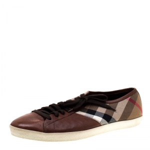 Burberry Brown House Check Fabric and Leather Sneakers Size 44