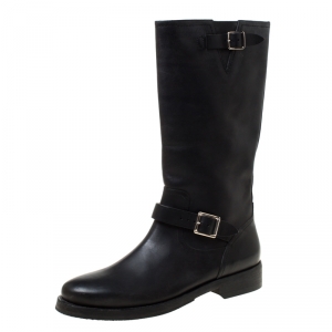 Burberry Black Leather Buckle Knee High Boots Size 41