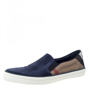 Burberry Blue Suede And House Check Canvas Gauden Slip On Sneakers Size 41