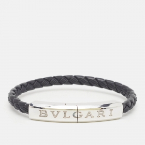 Pre Owned Bvlgari Bvlgari Man Leather Sterling Silver Bracelet