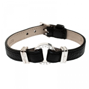Bvlgari Black Leather Silver Bracelet