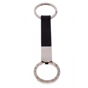 Bvlgari Black Leather Palladium Plated Key Holder