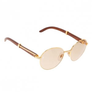 Cartier Gold Rimmed Wooden Round Bagatelle Sunglasses