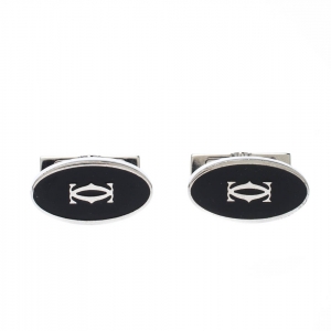 Cartier Double C Logo Black Enamel Silver Cufflinks