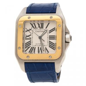 Pre Owned Cartier White Stainless Steel and 18K Yellow Gold Santos 100  2656 Men's Wristwatch 38 mm
