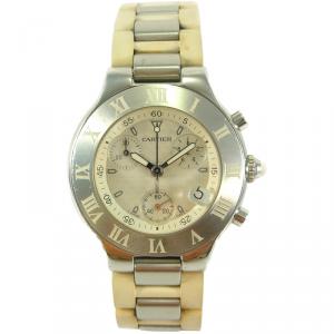 Pre Owned Cartier Off White Stainless Steel Must 21 Chronoscaph Date W10184U2 Men's Wristwatch 37MM