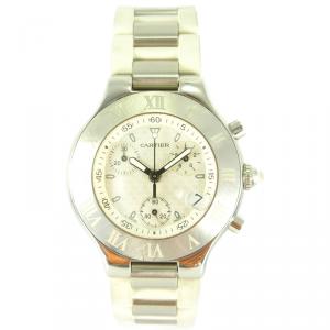 Pre Owned Cartier White Stainless Steel and Rubber Must 21 Chronoscaph 2424 Chronograph W10184U2 Men's Wristwatch 37MM