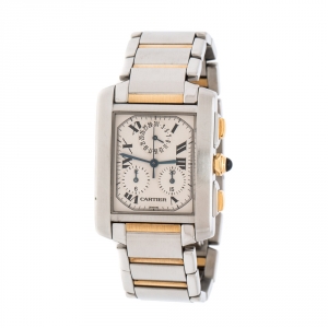 Cartier Cream 18K Yellow Gold Stainless Steel Tank Francaise Chronoflex 2303 Men's Wristwatch 28 mm