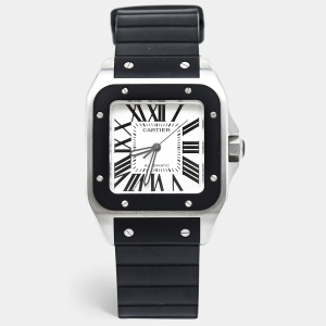 Cartier Silver Stainless Steel Rubber Santos 100 W20121U2 Men's Wristwatch 38 mm 