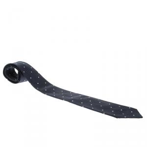 Chanel Navy Blue Embroidered Polka Dot and Logo Detail Silk Tie