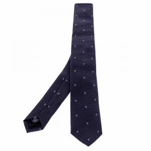 Chanel Navy Blue Micro Dot Logo Pattern Skinny Silk Tie