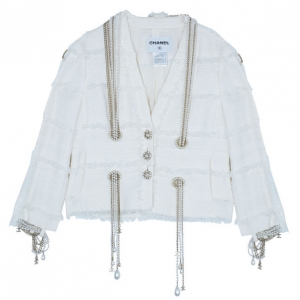 Pre Owned Chanel Ivory Tweed Lace/Pearl Trimmed Jacket M