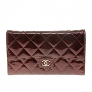 Pre Owned Chanel Dark Red Quilted Patent Classic Long Wallet