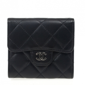 Pre Owned Chanel Black Lambskin Small Compact Wallet 