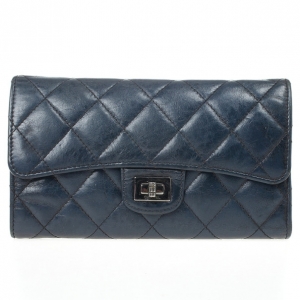 Pre Owned Chanel Blue Quilted Lambskin Leather Long Flap Wallet