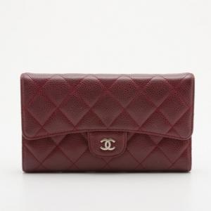 Chanel Red Quilted Caviar Leather Trifold Wallet 