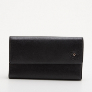 Pre Owned Chanel Black Leather CC Camelia Flap Wallet