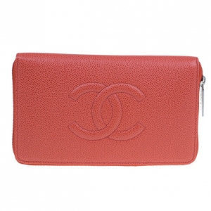 Pre Owned Chanel Red Caviar Leather Continental Zip Around Wallet