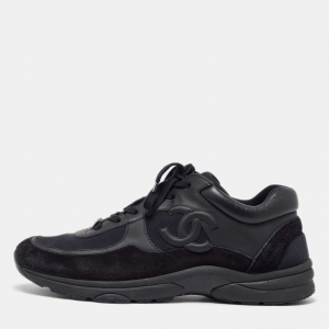 Chanel Black Suede and Neoprene CC Low Top Sneakers Size 45