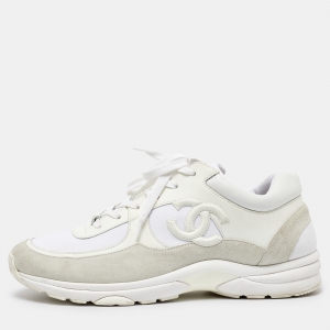 Chanel White Suede and Neoprene CC Low Top Sneakers Size 45