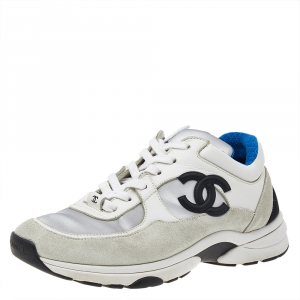 Pre Owned Chanel Tricolor Suede And Satin CC Low Top Sneakers Size 39