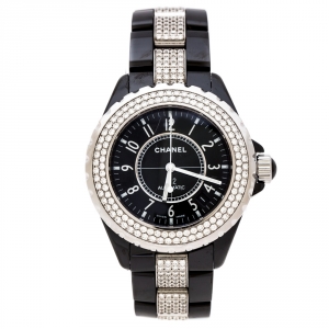 Chanel Black Ceramic Stainless Steel Diamonds J12 Women's Wristwatch 39 mm