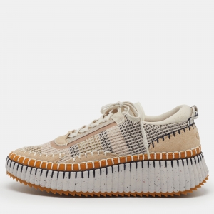 Pre Owned Chloe Nama Size 43 Multicolor Knit Fabric and Suede Lace Up Sneakers