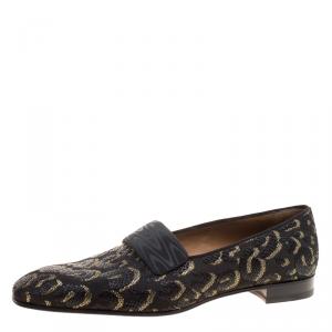 Christian Louboutin Black Leopard Woven Jacquard Loafers Size 44.5