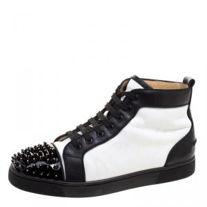 Christian Louboutin Monochrome Leather Lou Crystal Embellished Spikes Orlato Sneakers Size 42.5