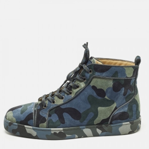 Pre Owned Christian Louboutin Size 44 Multicolor Camouflage Print  Suede High Top Sneakers
