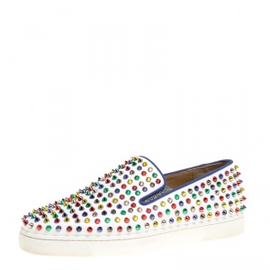 Christian Louboutin White Leather Roller Boat Multicolor Spiked Slip On Sneakers Size 44