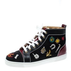 Pre Owned Christian Louboutin Black/Maroon Suede and Patent Leather Hand Embroidered High Top Sneakers Size 43
