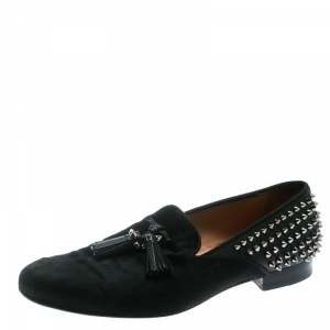 Christian Louboutin Black Pony Hair Leather Tassel Detail Spike Loafers Size 42.5