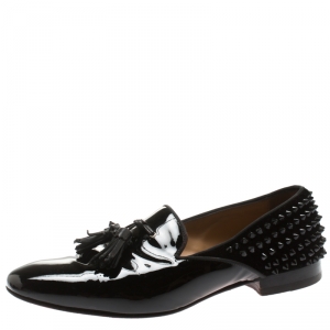 Christian Louboutin Black Patent Leather Tassel Detail Spike Loafers Size 41.5