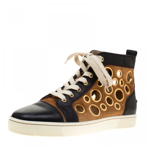  Christian Louboutin Black Leather And Brown Suede Mika On Stage High Top Sneakers Size 40.5