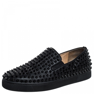 Christian Louboutin Black Leather Roller Boat Spiked Slip On Sneakers Size 40