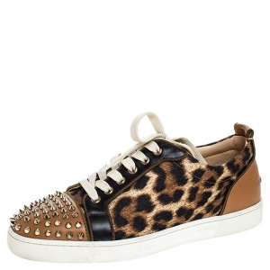 Christian Louboutin Brown Leather And Leopard Print Canvas Louis Junior Spikes Sneakers Size 40.5