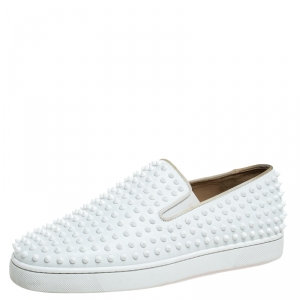 Christian Louboutin White Leather Roller Boat Spiked Slip On Sneakers Size 45