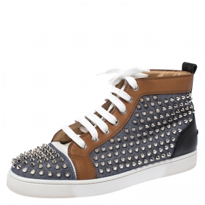Christian Louboutin Multicolor Denim And Leather Louis Spikes Lace Up High Top Sneakers Size 42