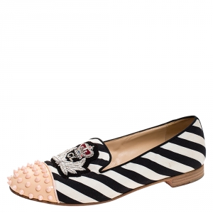 Christian Louboutin Multicolor Striped Canvas Spiked Cap Toe Harvanana Smoking Slippers Size 39.5