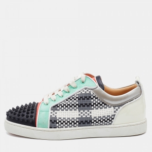 Pre Owned Christian Louboutin Multicolor Woven Leather and Suede Louis Junior Spikes Low Top Sneakers Size 43