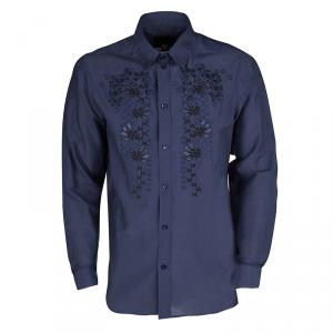 Class By Roberto Cavalli Navy Blue Cotton Silk Embroidered Long Sleeve Shirt L