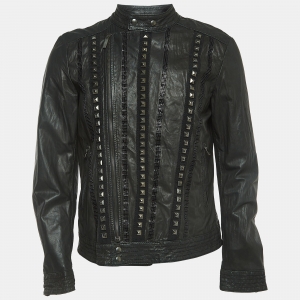 Class by Roberto Cavalli Black Studded & Beaded Leather Biker Jacket M