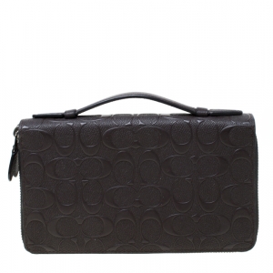 Coach Dark Brown Signature Embossed Leather Double Zip Travel Organizer