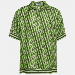 Dior Homme Neon Green Oblique Silk Short Sleeve Shirt M